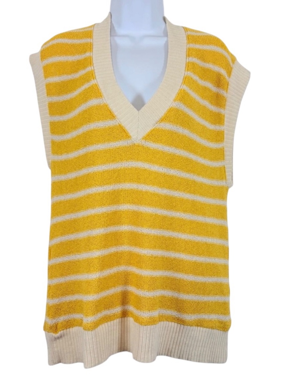 ZARA Yellow Cream Striped Preppy Fun Sweater Vest V-Neck Knit Size L